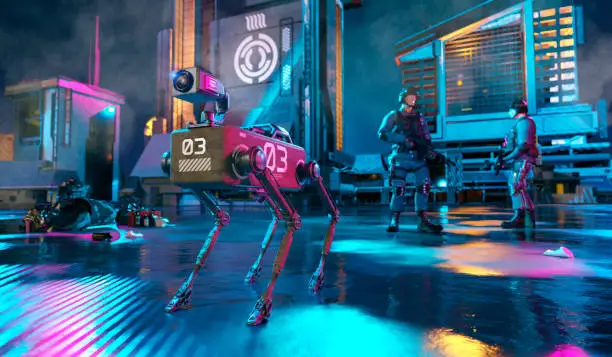 Futuristic robot dog with lifelike features created using artificial intelligence.